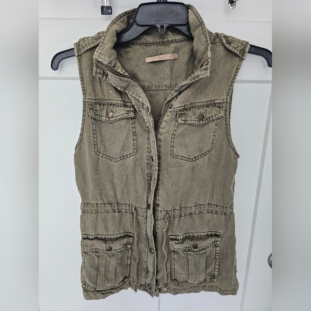 Max Jeans Utility Vest Women’s S Olive Green Sleeveless Jacket Tencel Cargo Pock